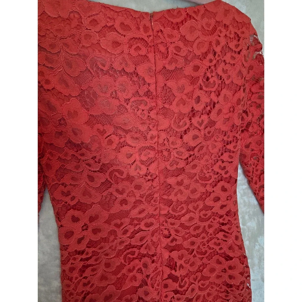 Trina Turk‎ Coral Red Floral Lace Sheath Dress 3/4 Sleeve Size 4 Cocktail Event